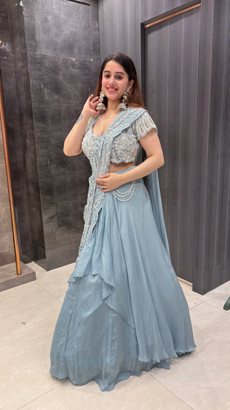Chinon Fish-Cut Lehenga with Drape & Handworked Blouse