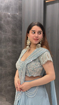 Chinon Fish-Cut Lehenga with Drape & Handworked Blouse