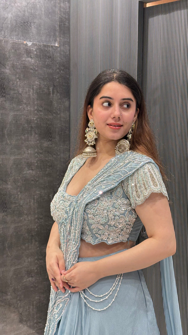 Chinon Fish-Cut Lehenga with Drape & Handworked Blouse