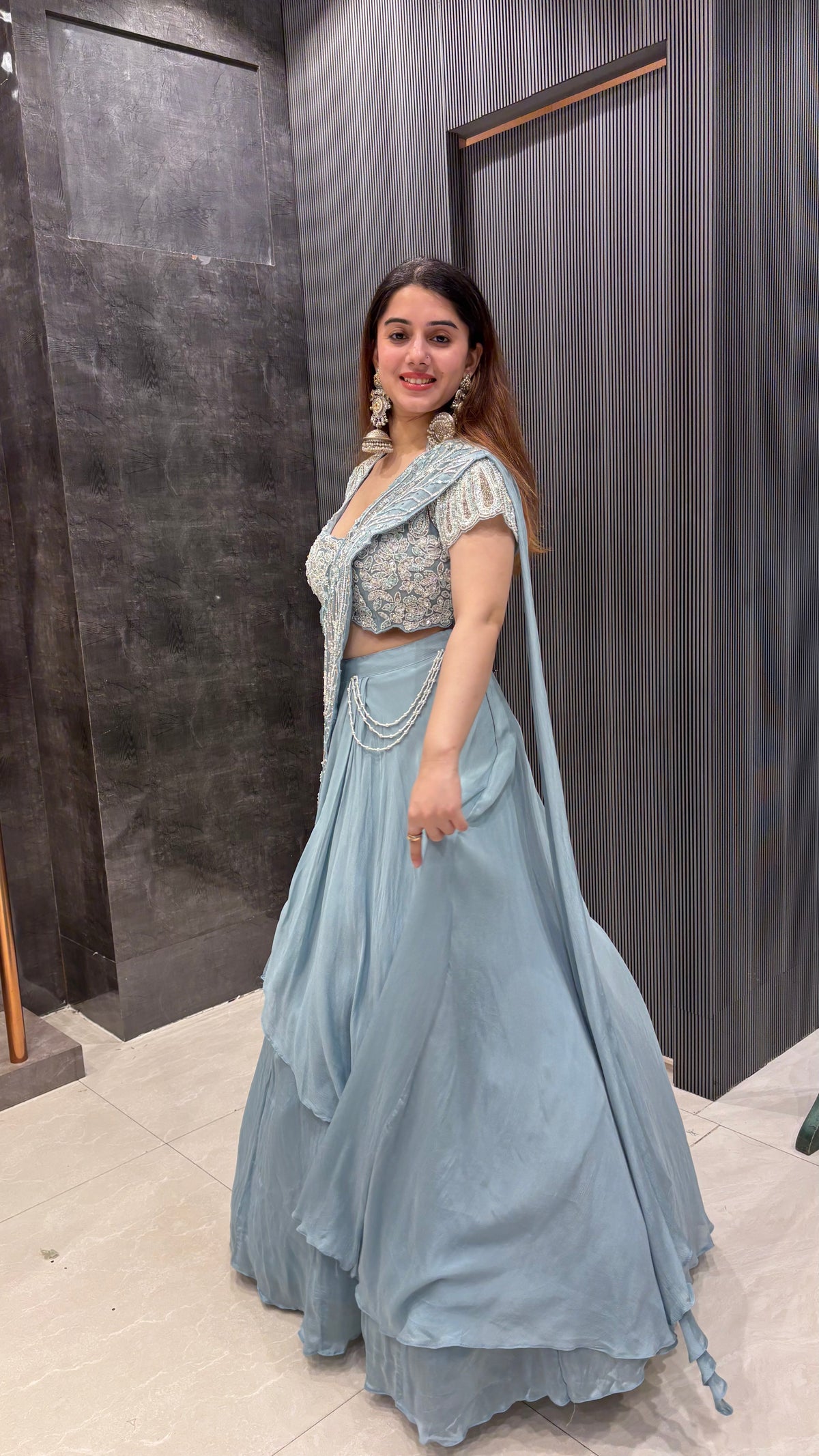 Chinon Fish-Cut Lehenga with Drape & Handworked Blouse