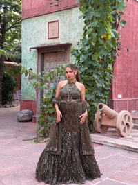 Embellished Mermaid Lehenga with Halter-Neck Blouse | Sequin & Cutdana Work