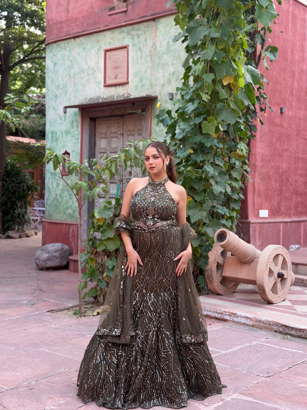 Embellished Mermaid Lehenga with Halter-Neck Blouse | Sequin & Cutdana Work