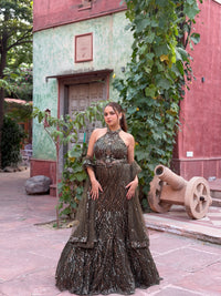 Embellished Mermaid Lehenga with Halter-Neck Blouse | Sequin & Cutdana Work