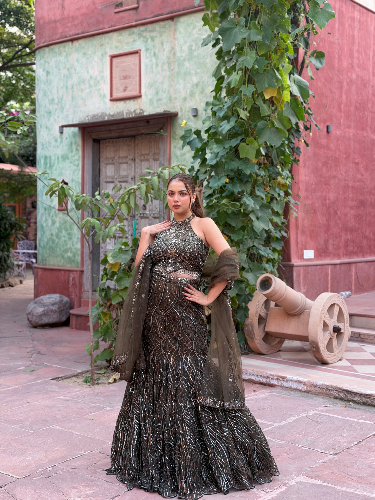 Embellished Mermaid Lehenga with Halter-Neck Blouse | Sequin & Cutdana Work