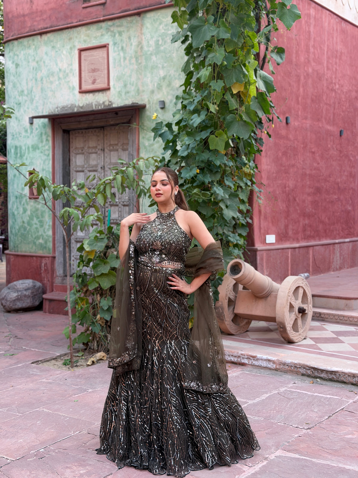 Embellished Mermaid Lehenga with Halter-Neck Blouse | Sequin & Cutdana Work