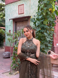 Embellished Mermaid Lehenga with Halter-Neck Blouse | Sequin & Cutdana Work
