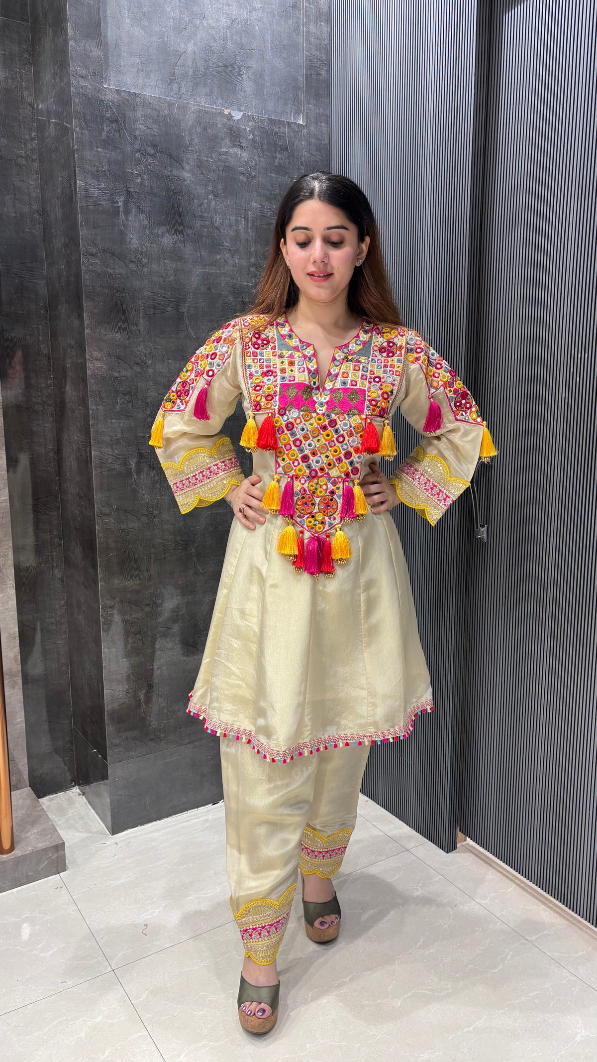 Shimmer Organza Coord Set with Mirror Work & Thread Embroidery