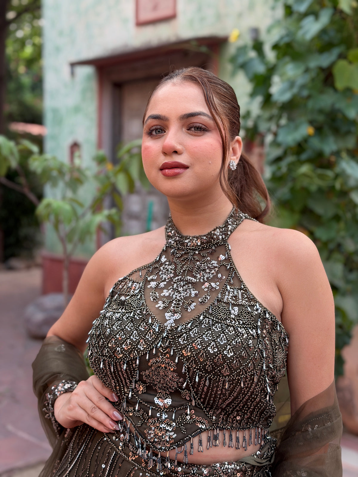 Embellished Mermaid Lehenga with Halter-Neck Blouse | Sequin & Cutdana Work