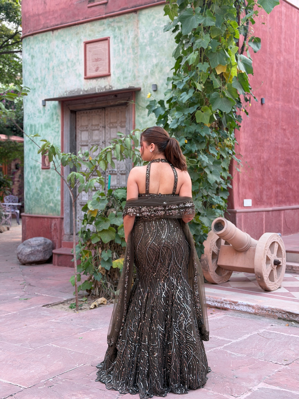 Embellished Mermaid Lehenga with Halter-Neck Blouse | Sequin & Cutdana Work