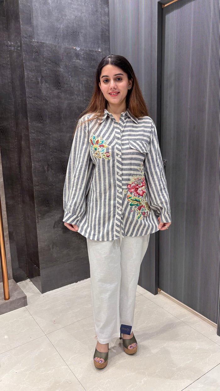 Denim Coord Set with Floral Patchwork Shirt