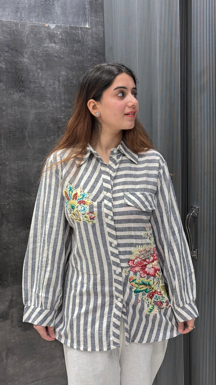 Denim Coord Set with Floral Patchwork Shirt
