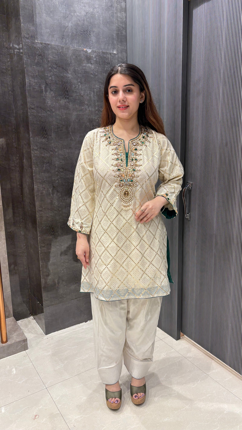 Banarasi Co-ord Set with Kundan & Dabka Hand-Embroidered Neckline
