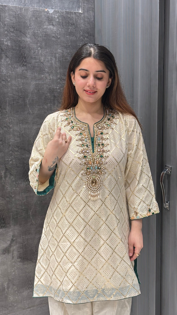 Banarasi Co-ord Set with Kundan & Dabka Hand-Embroidered Neckline