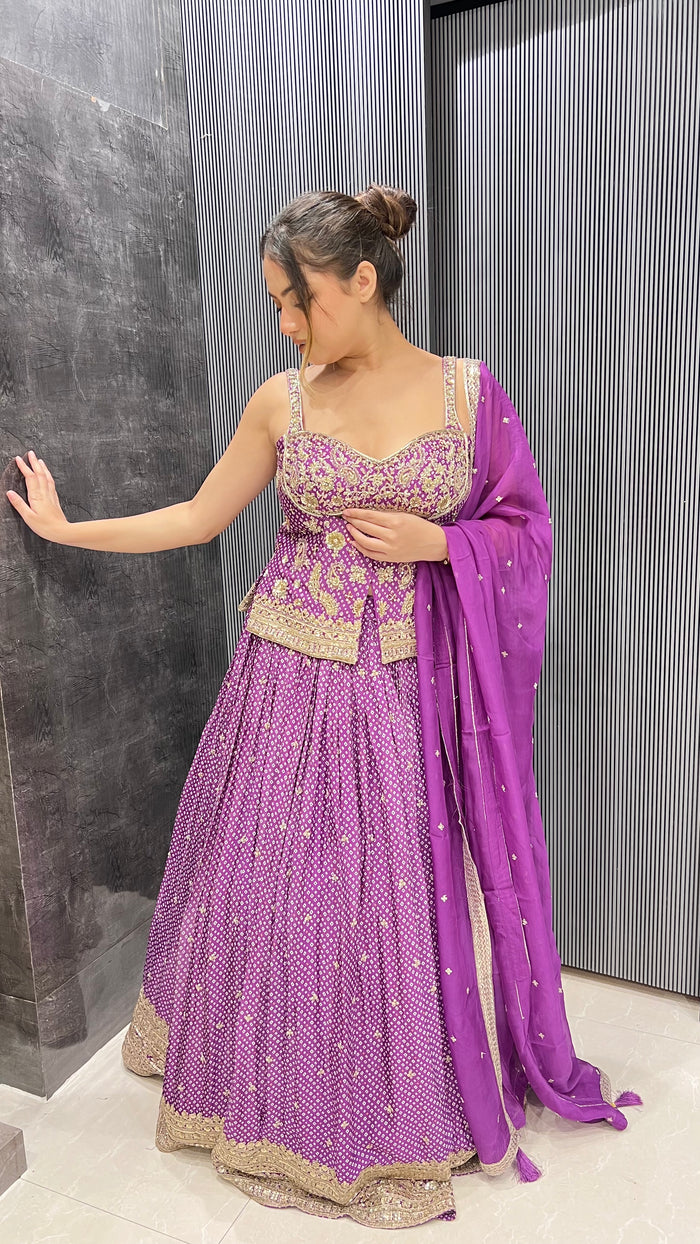 Bandani print lehenga with handwork blouse and jacket