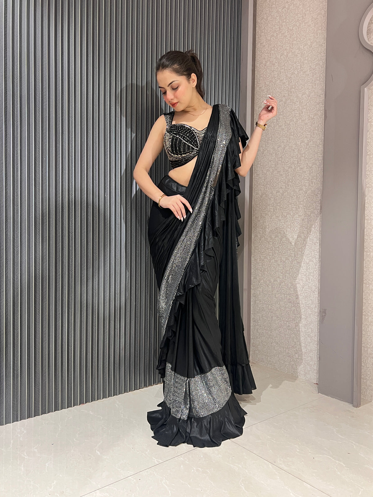 Black Lycra Saree with Satin Handworked Blouse