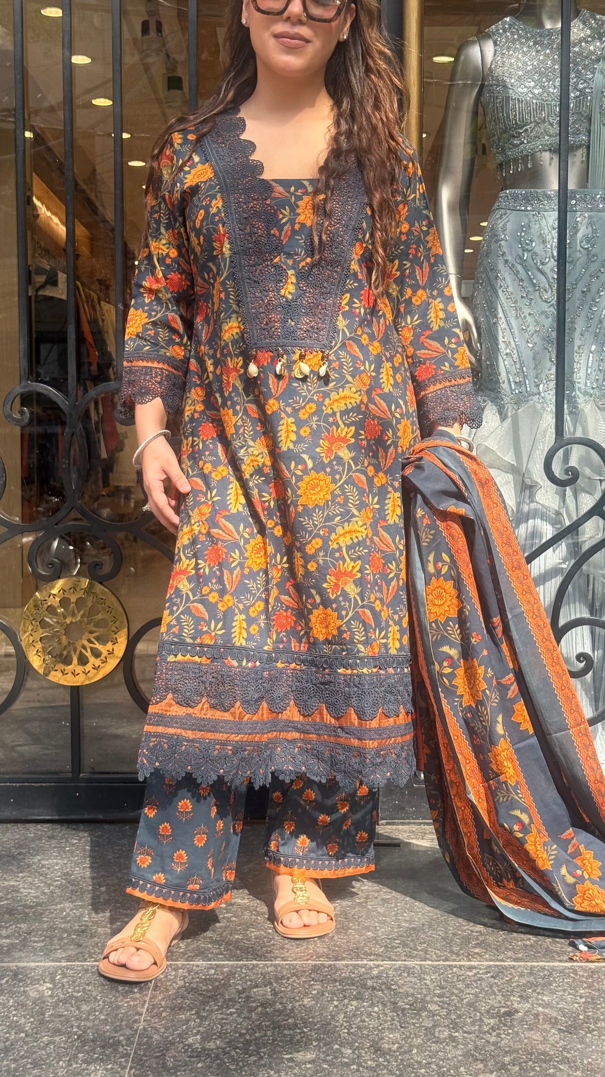 Women’s Printed Cotton Suit Set with Lace Work | Elegant Ethnic Wear