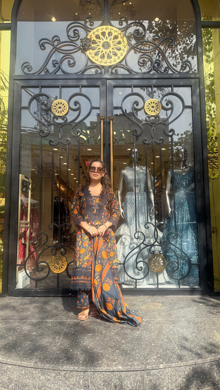 Women’s Printed Cotton Suit Set with Lace Work | Elegant Ethnic Wear