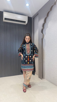 Women’s Multi Color Polka Dot Printed Suit with Handwork Neckline