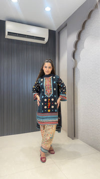 Women’s Multi Color Polka Dot Printed Suit with Handwork Neckline