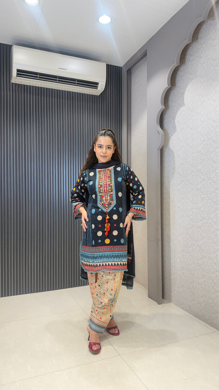 Women’s Multi Color Polka Dot Printed Suit with Handwork Neckline