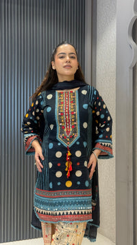 Women’s Multi Color Polka Dot Printed Suit with Handwork Neckline