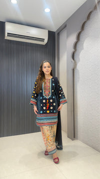 Women’s Multi Color Polka Dot Printed Suit with Handwork Neckline