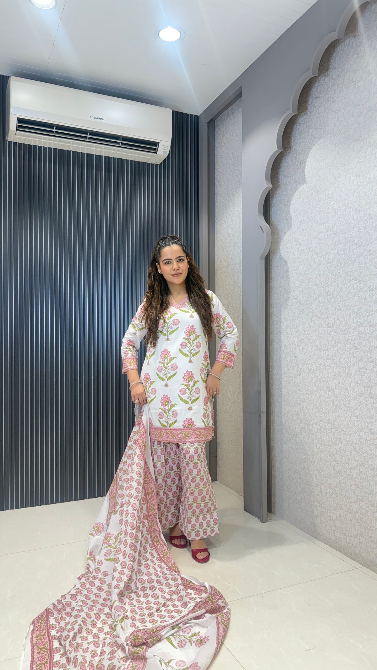 Women’s Printed Cotton Farshi Salwar Suit with Handwork Neckline