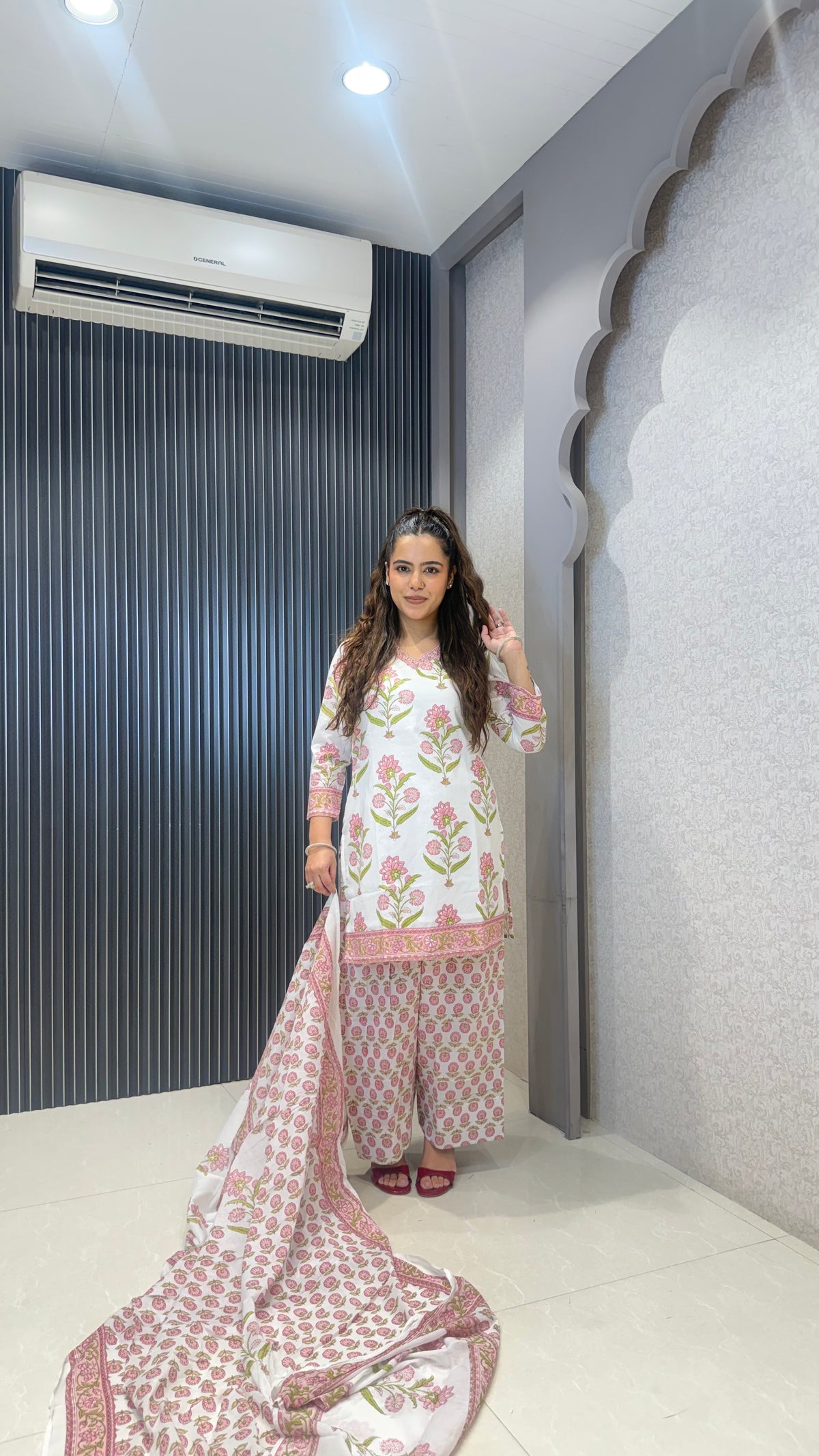 Women’s Printed Cotton Farshi Salwar Suit with Handwork Neckline