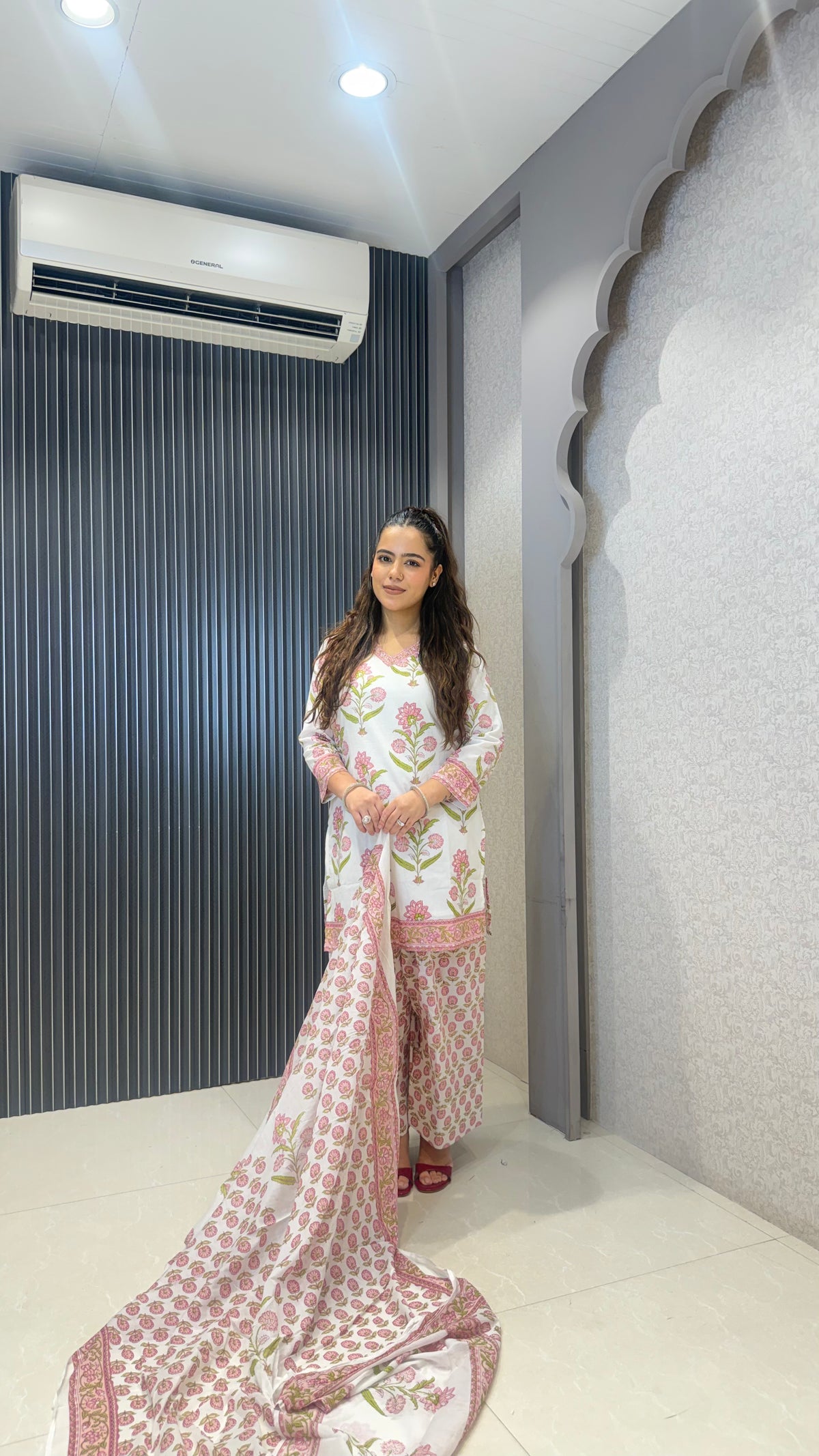 Women’s Printed Cotton Farshi Salwar Suit with Handwork Neckline
