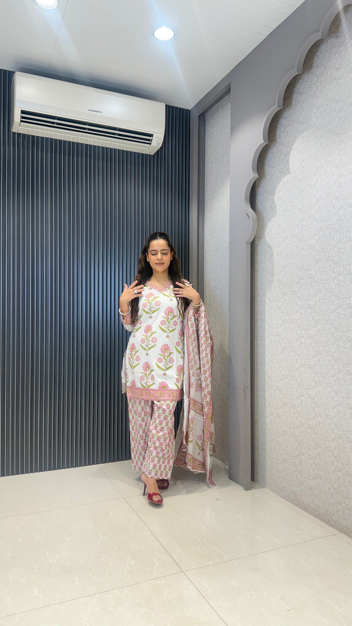 Women’s Printed Cotton Farshi Salwar Suit with Handwork Neckline