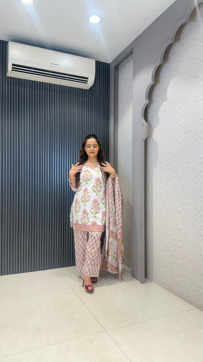 Women’s Printed Cotton Farshi Salwar Suit with Handwork Neckline