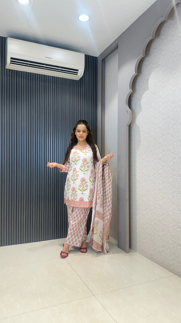 Women’s Printed Cotton Farshi Salwar Suit with Handwork Neckline