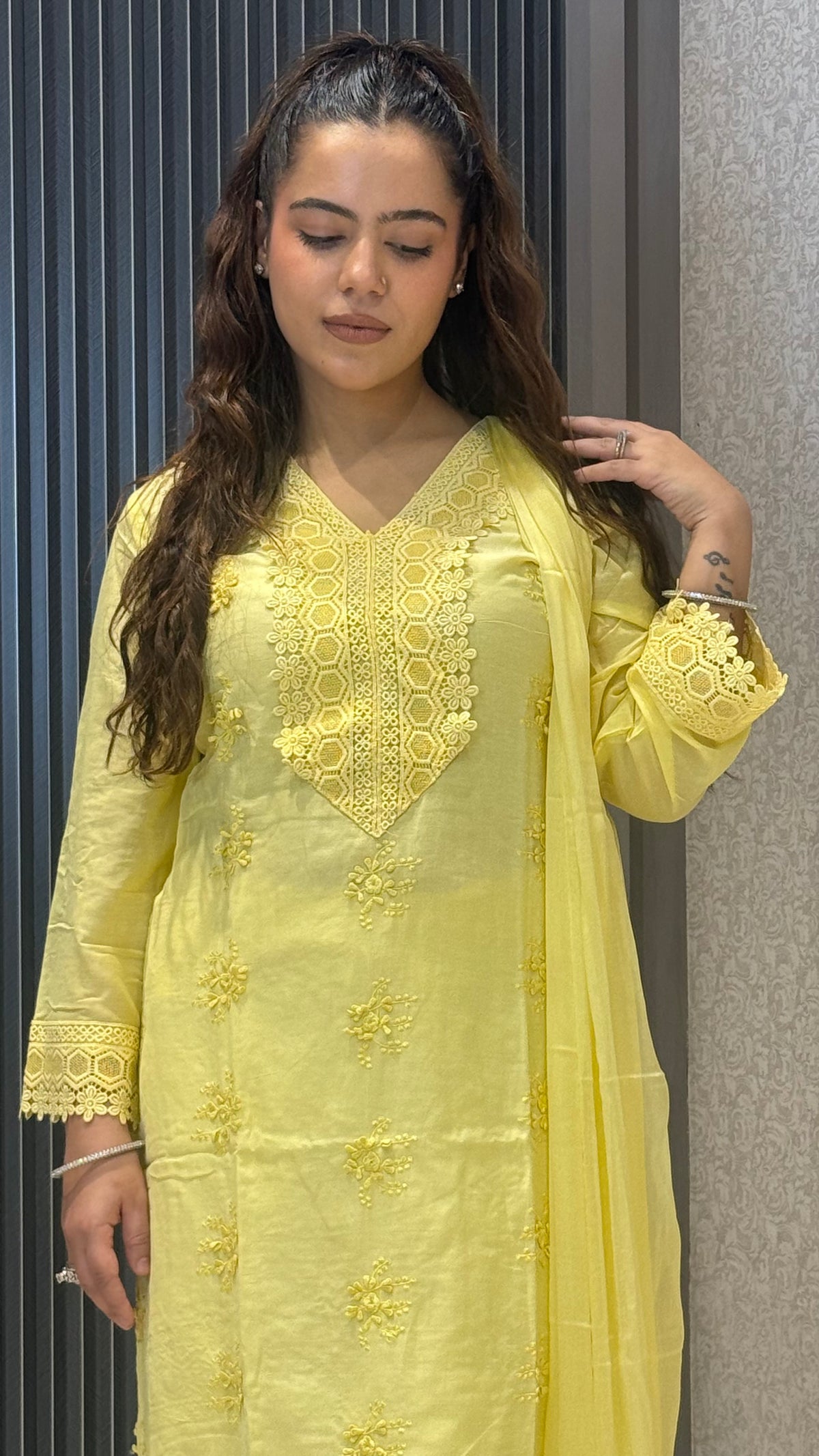 Mul chanderi suit with lace work