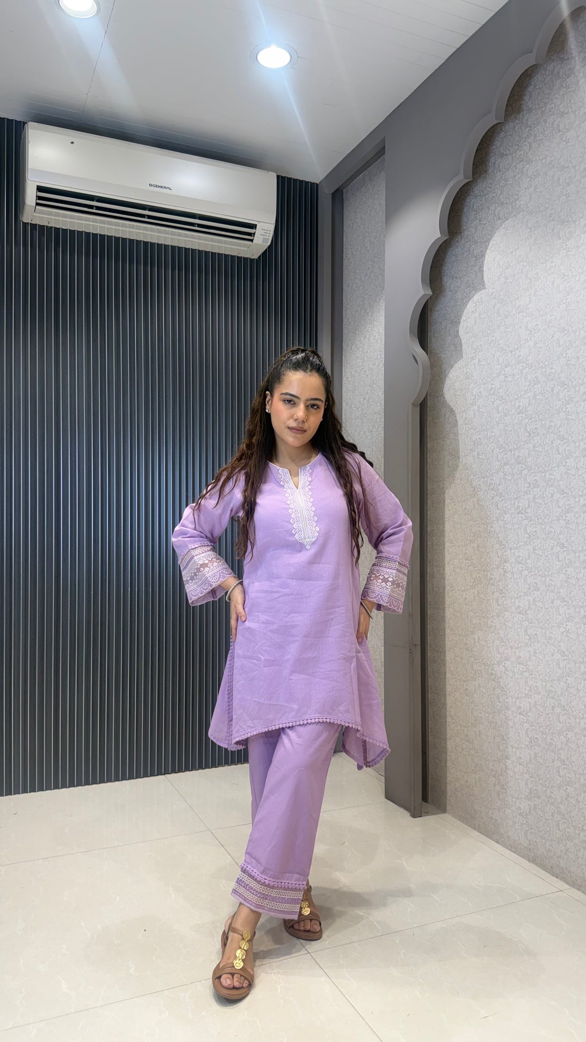 Women’s Cotton Jacket Style Coord Set with Thread Embroidery Neckline