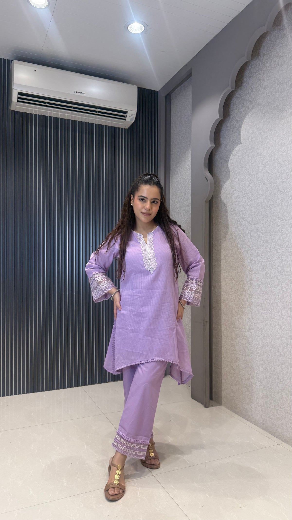 Women’s Cotton Jacket Style Coord Set with Thread Embroidery Neckline