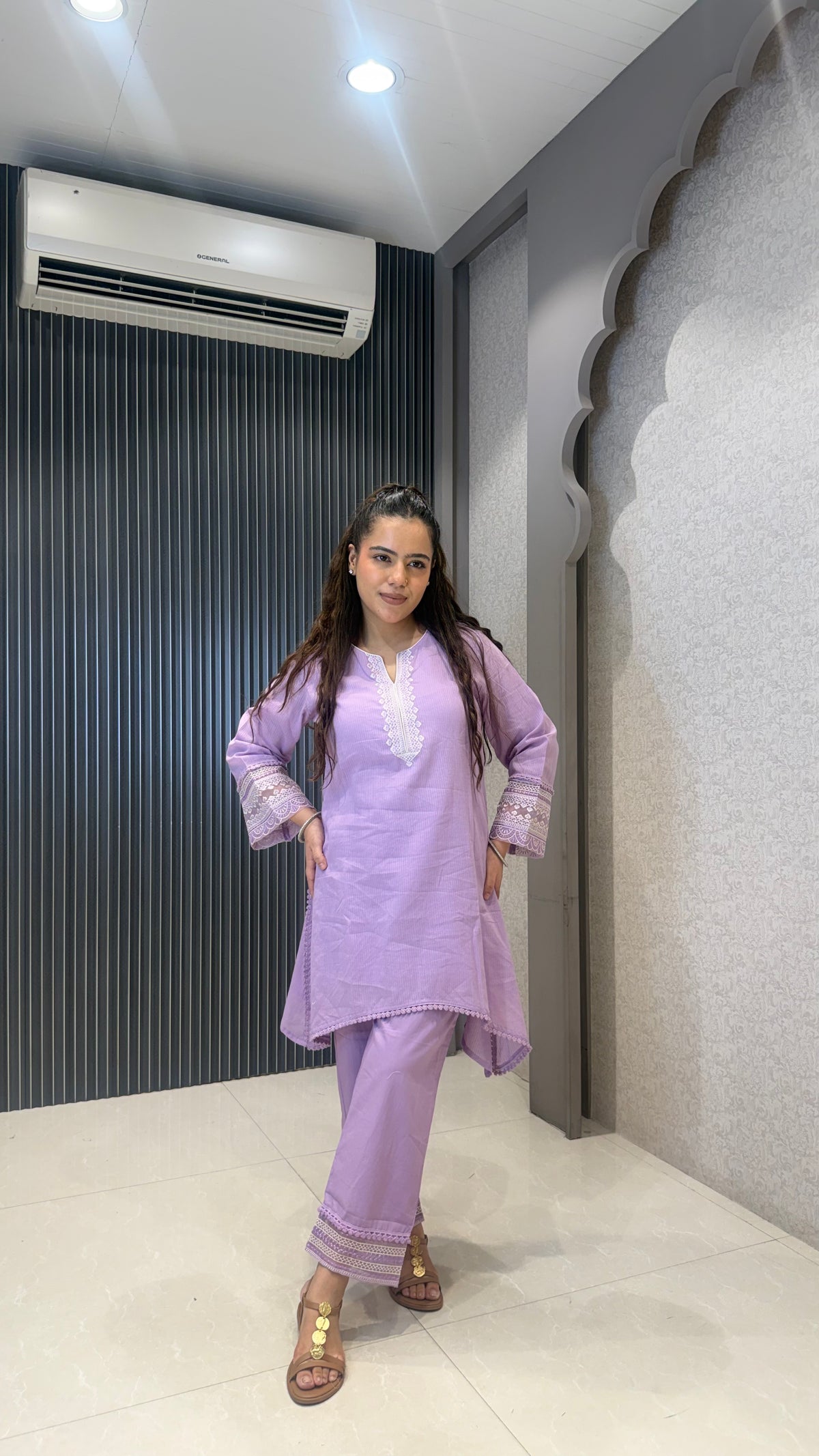 Women’s Cotton Jacket Style Coord Set with Thread Embroidery Neckline