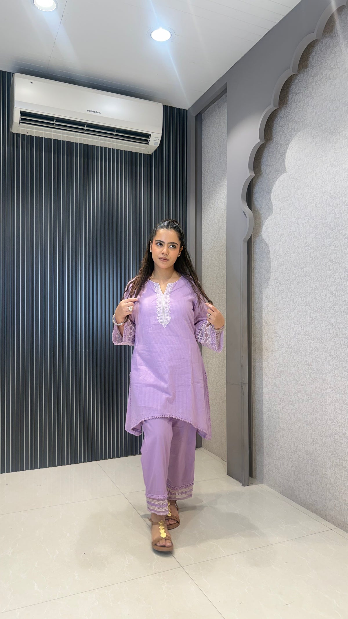 Women’s Cotton Jacket Style Coord Set with Thread Embroidery Neckline