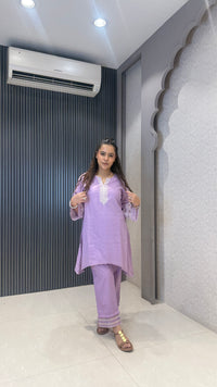 Women’s Cotton Jacket Style Coord Set with Thread Embroidery Neckline
