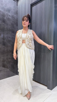 Luxe Indo-Western Silk Jacket Set – Handcrafted Pearl & Sequin Detailing
