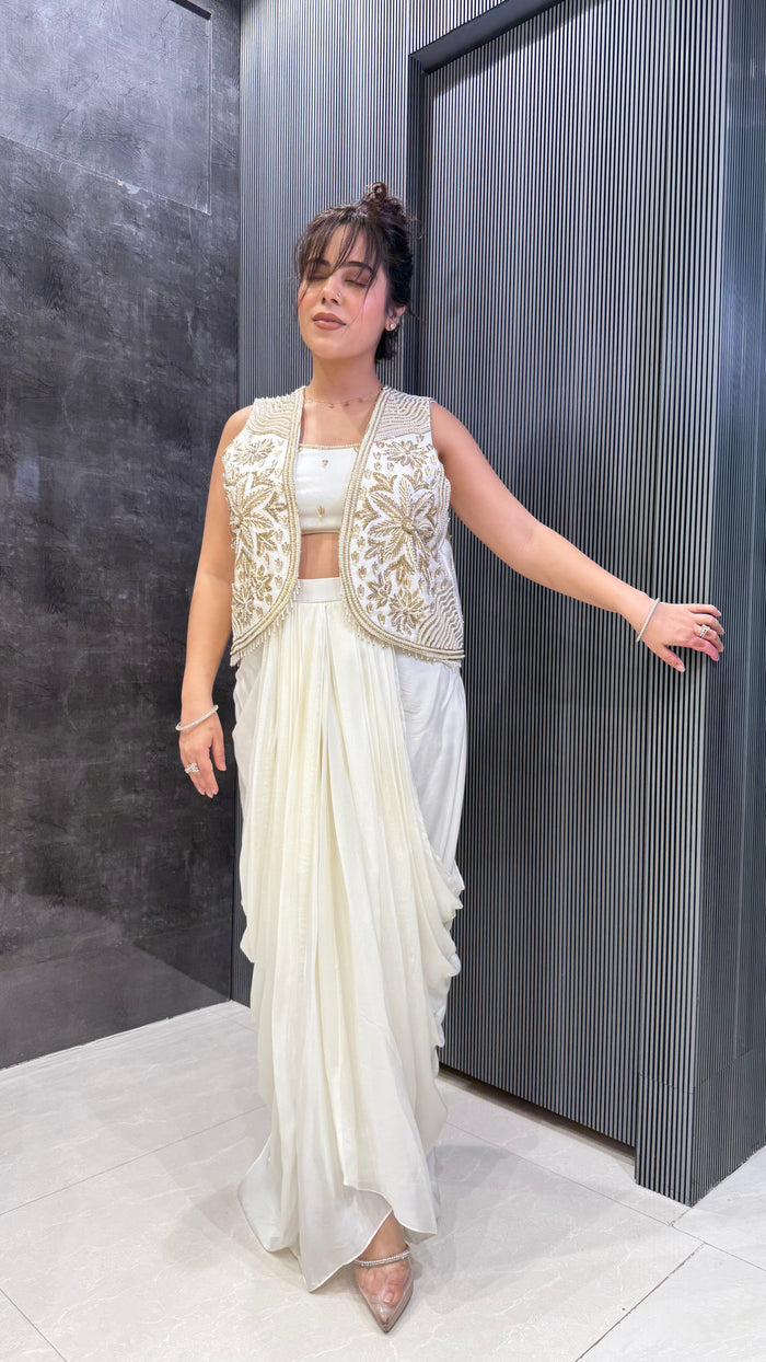 Luxe Indo-Western Silk Jacket Set – Handcrafted Pearl & Sequin Detailing