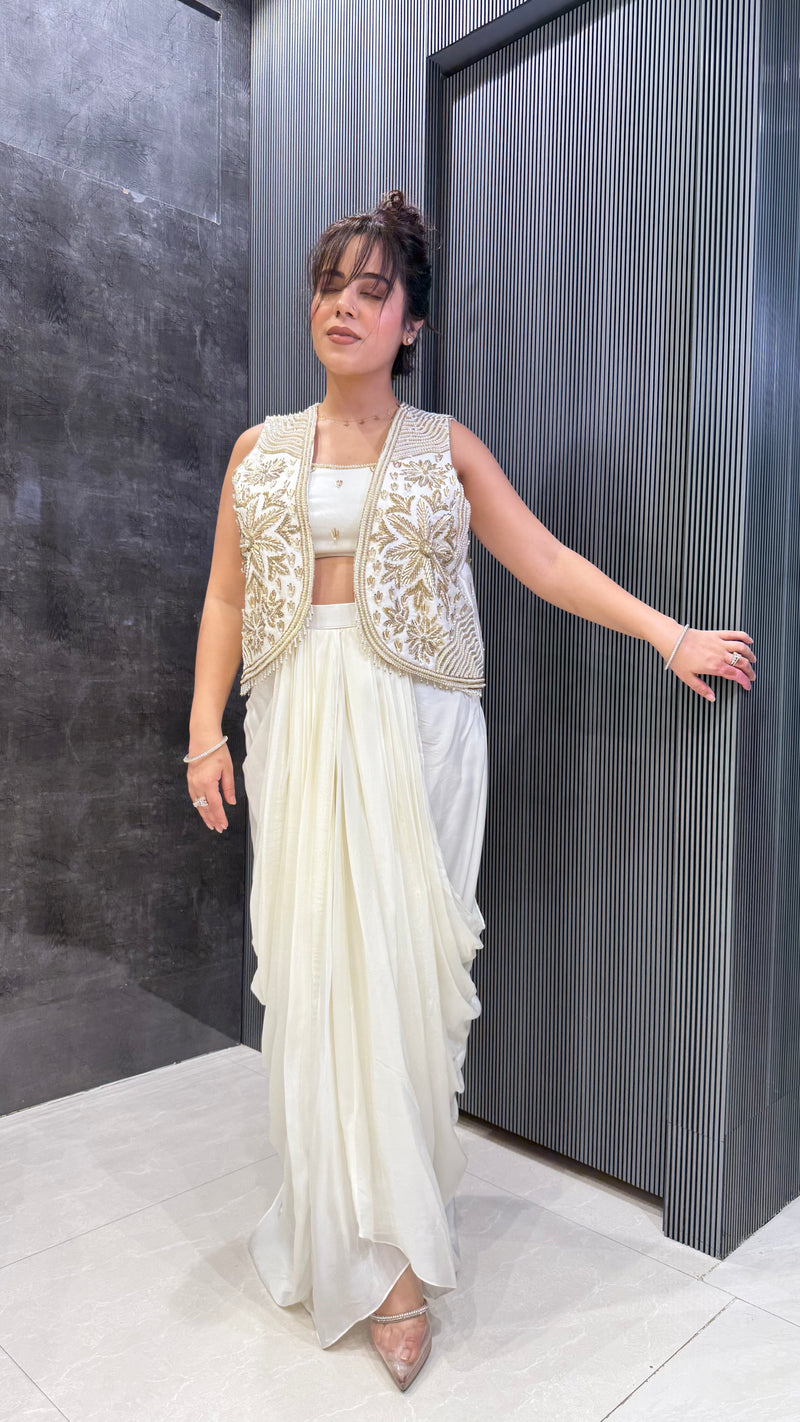 Luxe Indo-Western Silk Jacket Set – Handcrafted Pearl & Sequin Detailing