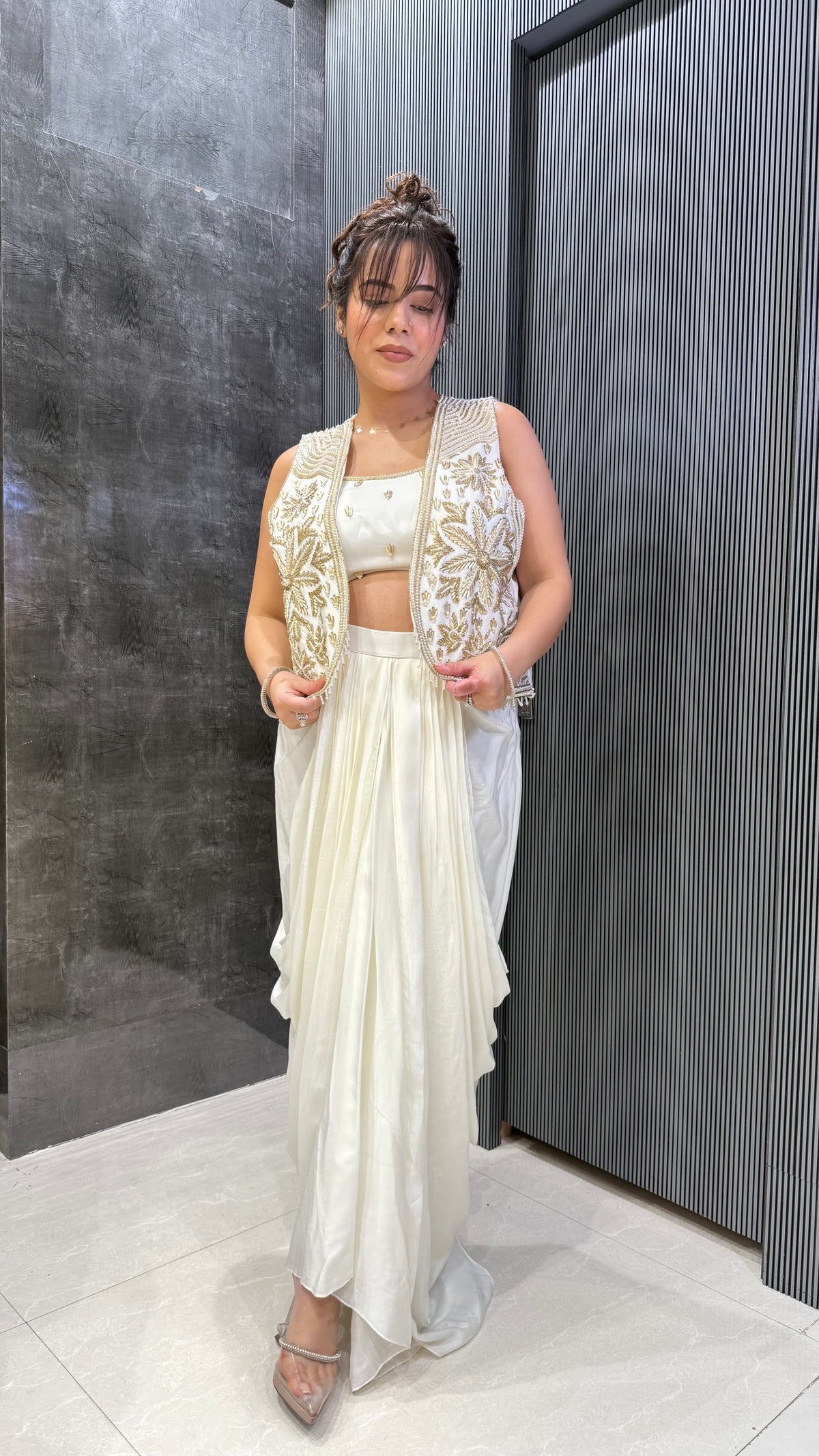 Luxe Indo-Western Silk Jacket Set – Handcrafted Pearl & Sequin Detailing