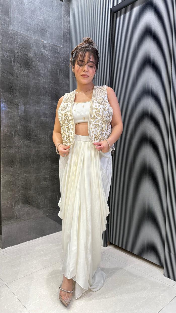 Luxe Indo-Western Silk Jacket Set – Handcrafted Pearl & Sequin Detailing