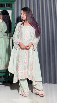 Elegant Chinon Ensemble with Mirror Zarkan, Swarovski Detailing, and Thread Aari Embroidery