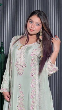 Elegant Chinon Ensemble with Mirror Zarkan, Swarovski Detailing, and Thread Aari Embroidery