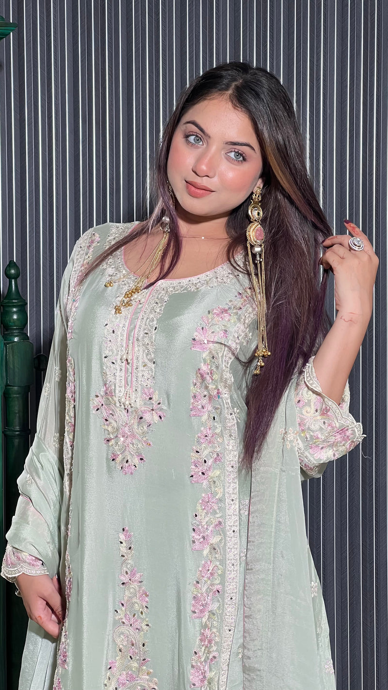 Elegant Chinon Ensemble with Mirror Zarkan, Swarovski Detailing, and Thread Aari Embroidery