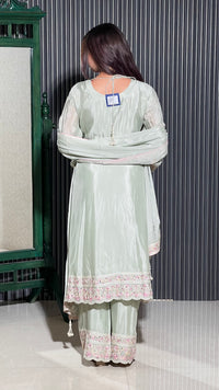Elegant Chinon Ensemble with Mirror Zarkan, Swarovski Detailing, and Thread Aari Embroidery