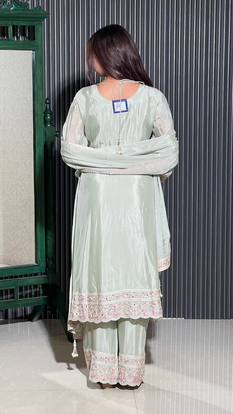 Elegant Chinon Ensemble with Mirror Zarkan, Swarovski Detailing, and Thread Aari Embroidery