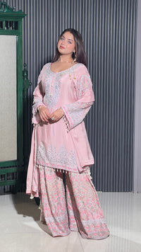 Elegant Chinon Ensemble with Mirror, Zarkan, Swarovski, and Thread Aari Embroidery