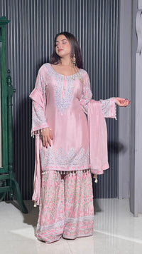 Elegant Chinon Ensemble with Mirror, Zarkan, Swarovski, and Thread Aari Embroidery